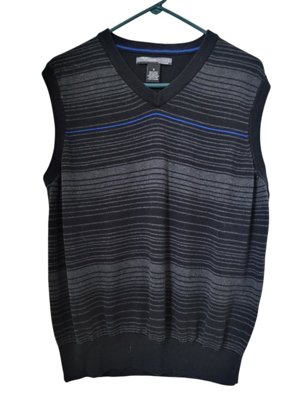 Links Edition Size M Black with Gray & Blue Stripe Knit Sweater Vest